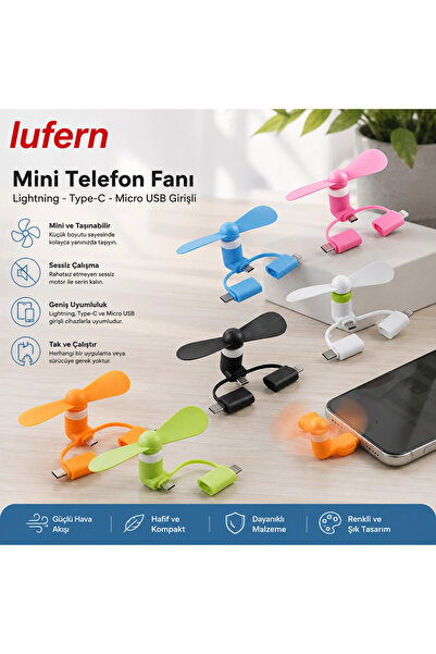 Lufern Özel Üretim Mini Telefon Fanı Lightning Type-C Micro USB Girişli Sessi...