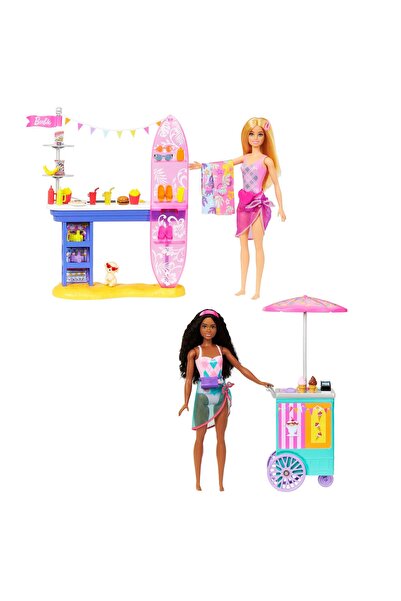Barbie Set de joacă Păpușa Barbie pe plajă, 2 păpuși + câine, accesorii