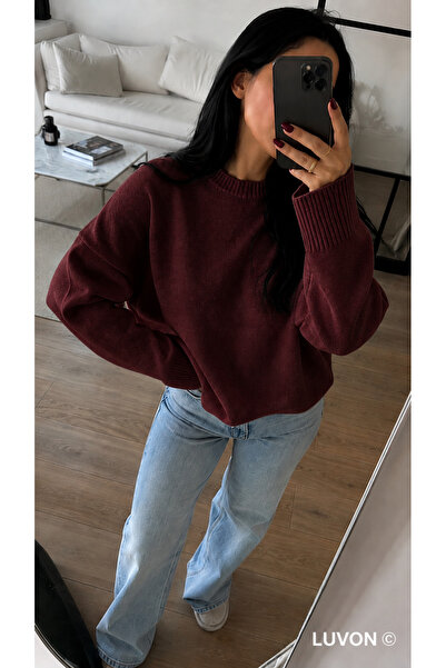 LUVON Burgundy Crew Neck Oversize Knitwear Women's Sweater