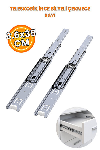NUBLADO Bilyeli Teleskopik Çekmece Rayı 35 cm x 3,6 cm Metal Dolap Mobilya Şi...