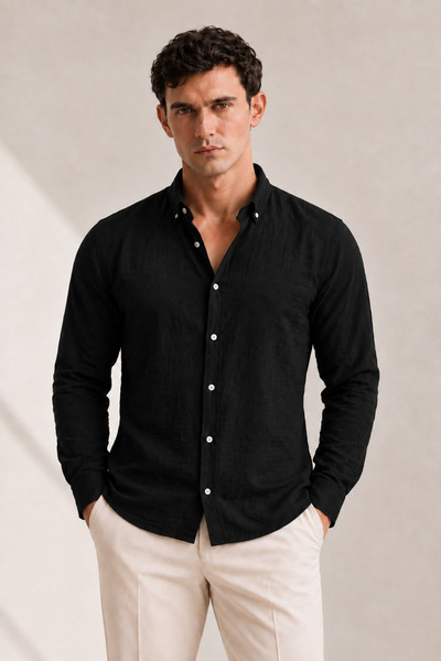 viyamen Erkek Uzun Kollu Düğmeli Yaka Dokulu Slim Fit Gömlek