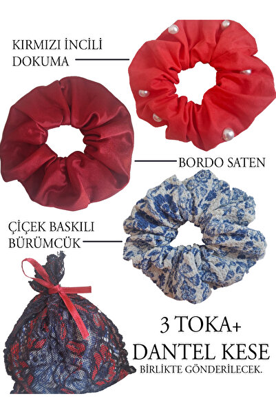 tuttobene 3'lü Scrunchie Simit Saç Tokası Seti ve Dantel Kese Hediyeli - İnci...