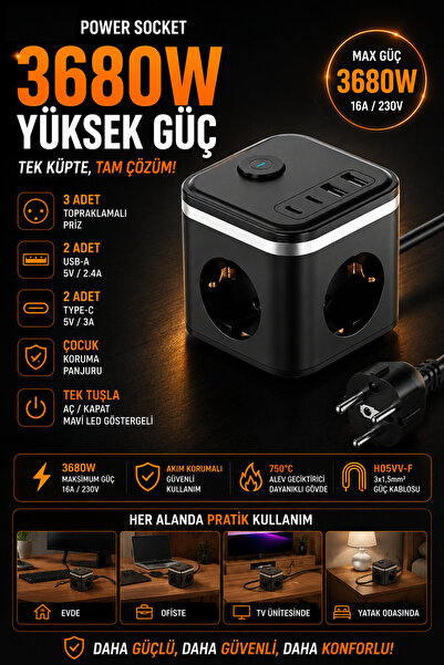 Kılıforyum PS-7 3'lü Akım Korumalı Priz 3680W 2 USB + 2 Type-C Çıkışlı Toprak...