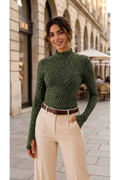 peralist Women's Khaki Zebra Patterned Printed Finger-Looped Stand Collar Vis...