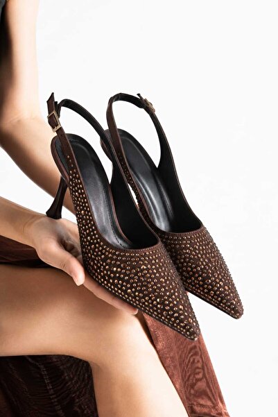 Bayramoğlu Ženske večernje cipele sa kamenčićima, špicasti vrh, stiletto, tan...