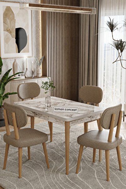 UZMHOME Traverten 4 Kişilik 70x110 Sabit Masa 4 Sandalyeli