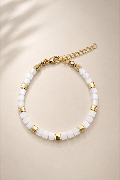 Alexis Carrel Marcel Gold Detailed White Cube Bead Bracelet