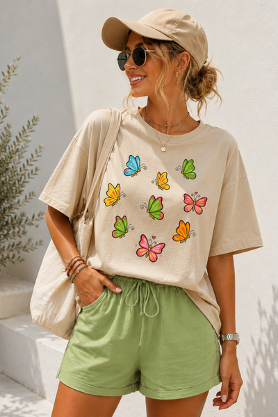 ArtYus Colorful Butterfly Printed Crew Neck Casual Unisex Oversize T-Shirt - ...