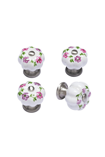 4 adet Vintage Gerçek Porselen Pembe Mor Çiçek Motifli Düğme Kulp %100 Pirinç Saten Gümüş (Vida Dahil)