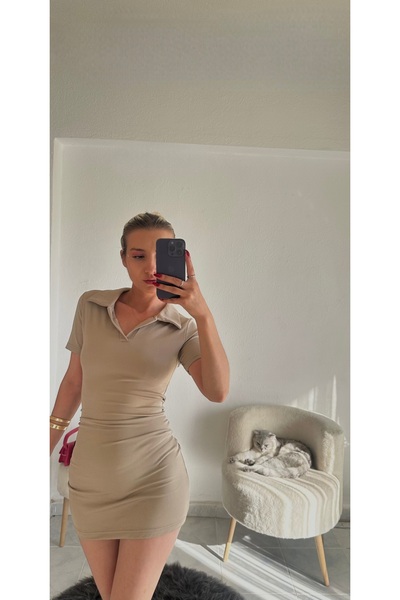 Bej Kısa Kollu Mini Elbise