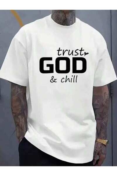 26LIK Men'S Crew Neck T-Shirt In White With 'Trust God & Chill' Design, Featu...