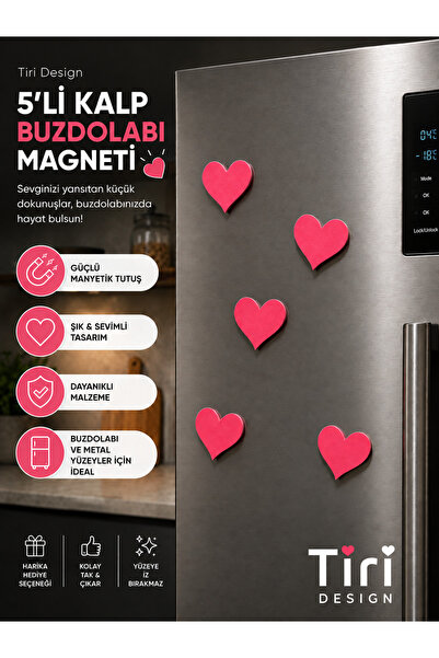 Tiri Design Kalp Şeklinde Buzdolabı Magneti - Buzdolabı Süsü 5 Adet