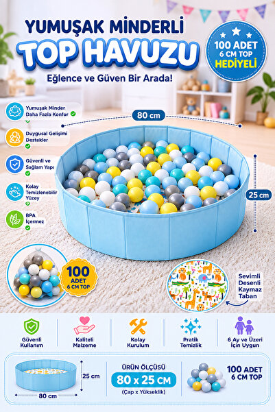 YILDIRIM OYUNCAK Yumuşak Tabanlı Top Havuzu 80x25 cm – 100 Toplu Yumuşak Mind...