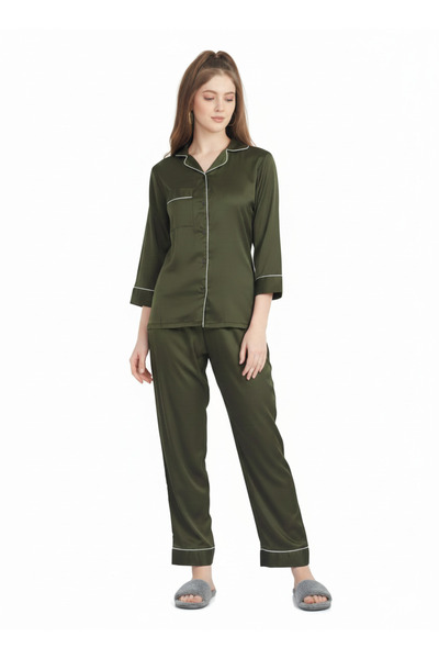 RIZQE Olive Grove Imported Satin Nightsuit | Luxe Rizqé by Zadine Deep Khaki ...