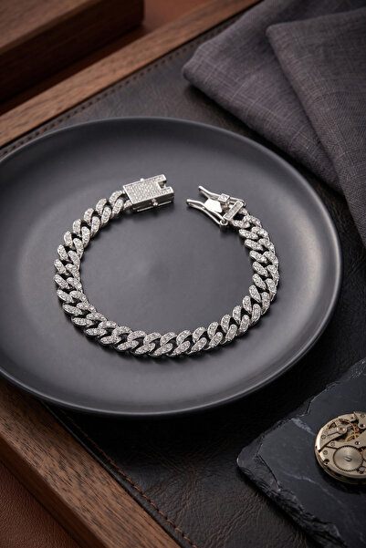Mega Bazaar Silver Color Zircon Stone Cuban Chain Model Clip Closure Men's Br...