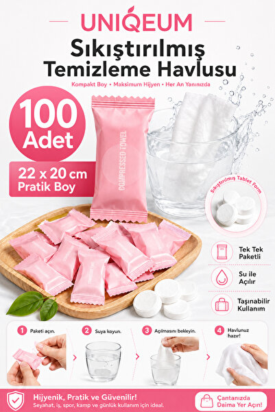 Uniquem 100 Adet Sıkıştırılmış Makyaj Temizleme Mendili Havlusu 22x20 cm Suyl...