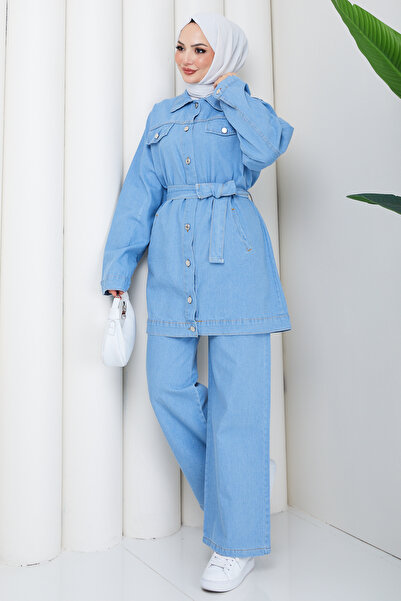 Eliva Women's Light Blue Two-Piece Suit with Belted Jacket and Pants