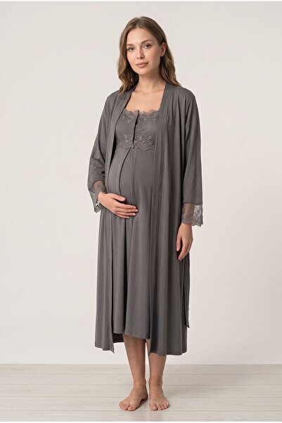 Pelin Women's Smoked Lace Maternity Nightgown Set with Nursing Detail and Robe