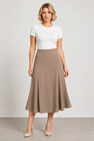 bihan store Women's High Waist Flared Midi Skirt 112-721-Dark Mink