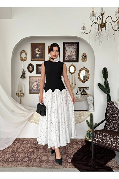 Clothes Fast فستان نسائي أسود متوسط الطول بدون أكمام وياقة دائرية وتنورة واسع...