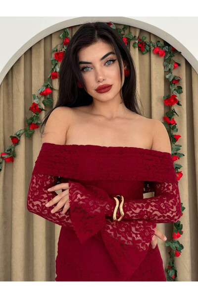 Moda Days Women's Burgundy Lace Midi Dress Boat Neck Long Sleeve Flounce Hem