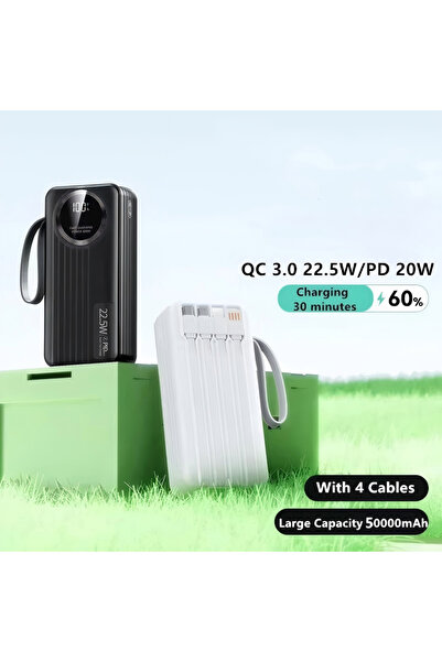 TEKNOTİMER 30.000 mAh 22.5W Hızlı Şarj Powerbank Taşınabilir Şarj Cihazı Dijital Göstergeli Dahili Çoklu Kablolu Powerbank Siyah