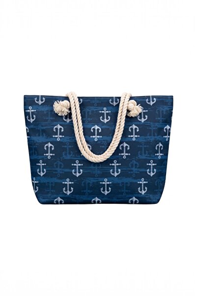 Bounty Waterproof Navy Blue Anchor Patterned Beach Bag with Rope Handle