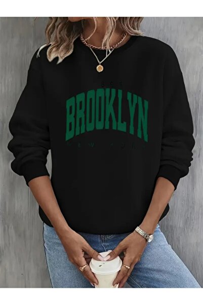 JENOLAN Women's Brooklyn (Green) Printed Crew Neck Gray Black Sweatshirt Over...
