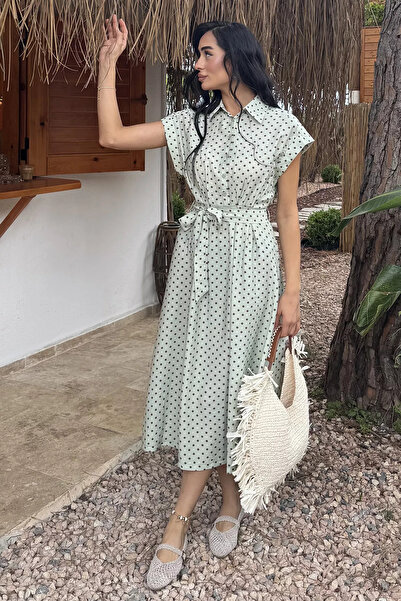 Aryena Mint Women's Polo Collar Half Button Front Polka Dot Dress