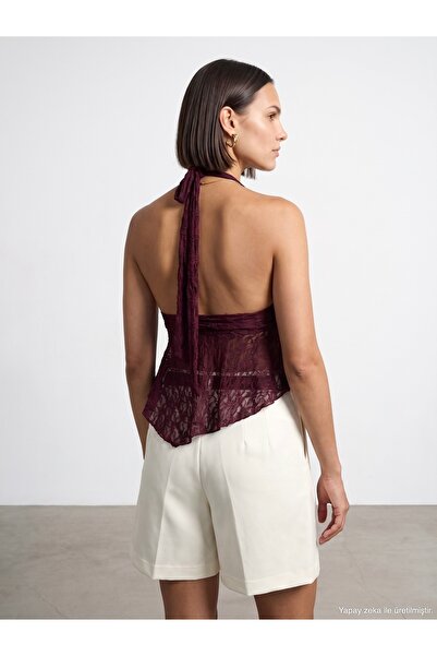 Dilvin 21228 Dantel Halter Yaka Top-Bordo