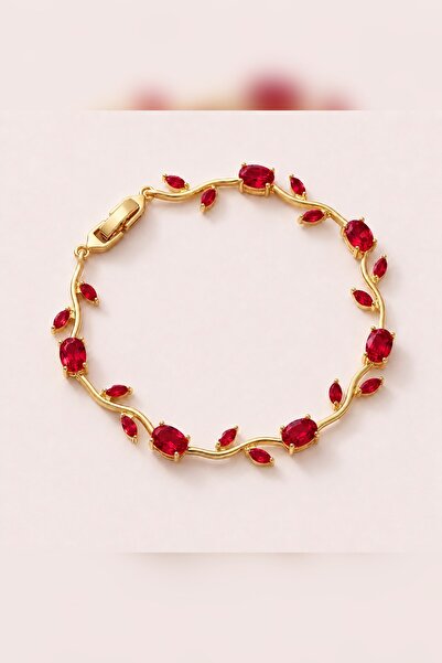 X-Lady Accessories Altın Renk Bordo Zirkon Taşlı Lale Çelik Bileklik - 3928