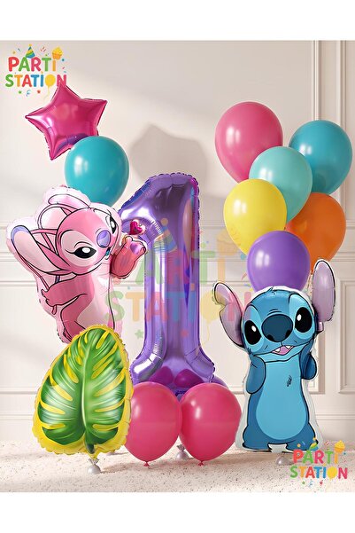 Parti Station Lilo Stitc Balloon and Angel Balloon 1 Year Old 14 Piece Birthd...