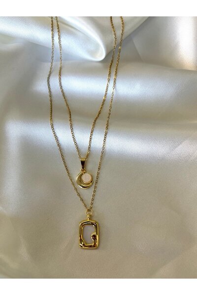 Eylülün Takısı Women's Gold Color Moon Model and Design Model 2 Separate Steel Necklace