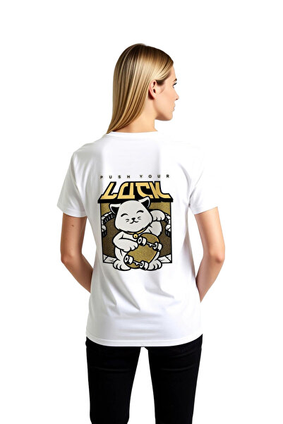 PayBuy Women's Lucky Cat Printed T-Shirt with Push Your Luck Text Asian Cultu...