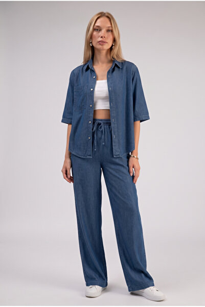 Madame Lestrange Kadın Tencel Kumaş Yarım Kol Gömlek Pantolon Denim Takım