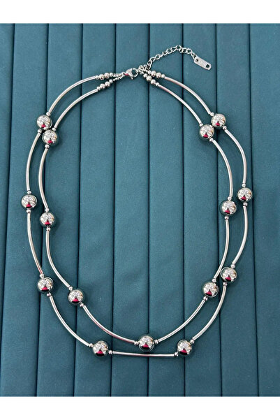 Bozhi Silver Color Geometric Bead Detailed Long Women's Necklace Silver Styli...