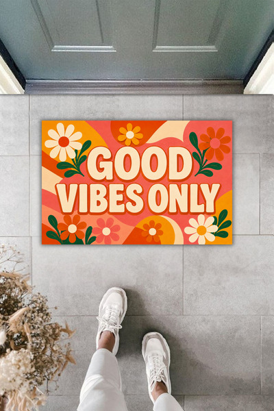 Rugmood Dormot Good Vibes Only Retro Floral Patterned Digital Printed Door Ma...