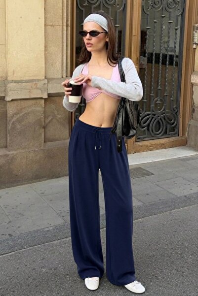 DAMGA JEANS Women's Trend High Waist Navy Blue Palazzo Trousers