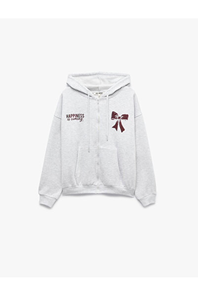 Koton Comfortable Fit Kangaroo Pocket Hooded Zipper Bow Printed Sweatshirt
