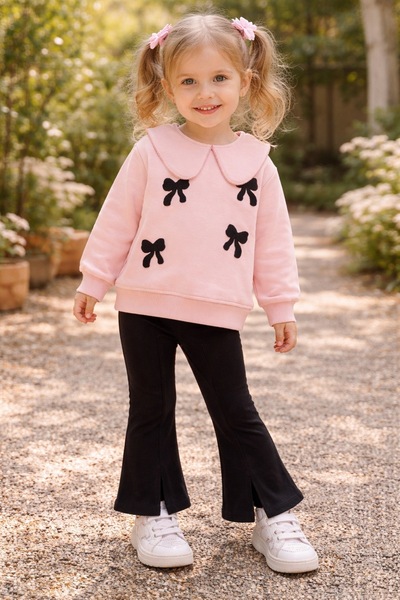 MODA KORAKABABY Kız Çocuk Yakalı Sweatshirt & İspanyol Paça Tayt Takım 3-10 Yaş