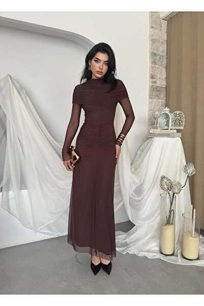 Clothes Fast Women's Coffee Midi Dress Draped Gathered Tulle Long Sleeve High...