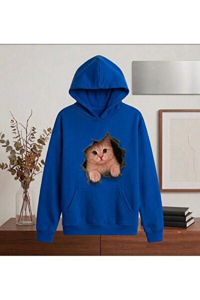 ENB1R MODA 3D Ripped Effect Cute Cat Printed Half Oversize Hooded Unisex Swea...