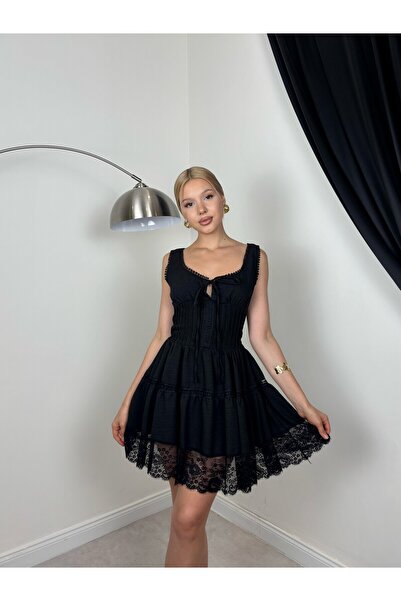 Clothes Fast Women's Black Mini Dress with Square Collar, Bow Detail, Flared ...