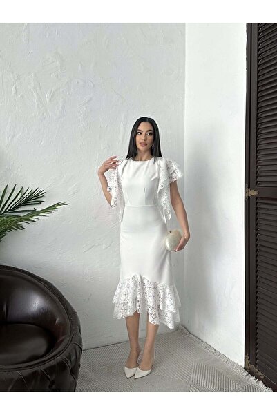 Clothes Fast Women's White Maxi Length Lace Detailed Flounce Skirt Short Slee...