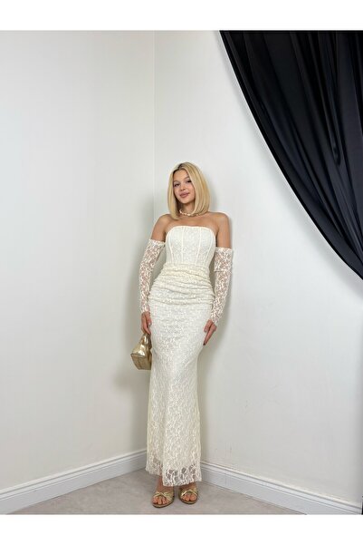 Clothes Fast Women's White Strapless Lace Gathered Fishtail Long Evening Dress