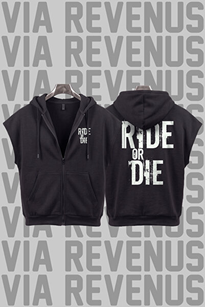 Vordevia Motorcu Motto Printed Sleeveless Zippered Hooded Sweatshirt Wide Fit...