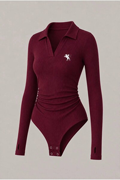 Violon Burgundy Long Sleeve Ribbed Polo Collar