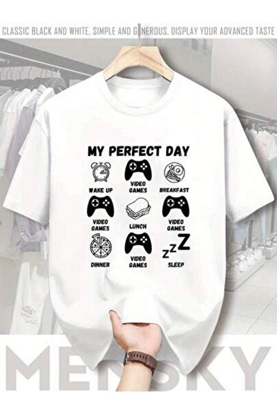 LİNA06 تي شيرت رجالي للألعاب بتصميم "My Perfect Day" باللون الأحمر بأكمام قصي...