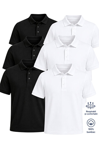Plus Scorpion Set 6 Tricouri Polo Alb si Negru, 100% Bumbac Pique Respirabil ...