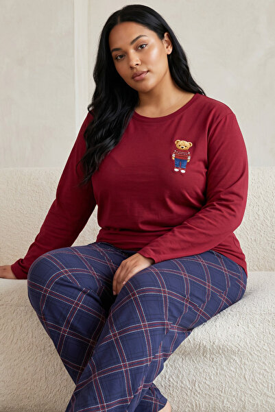 Siyah İnci Burgundy Patterned Cotton Lycra Large Size Oversized Knitted Pajam...